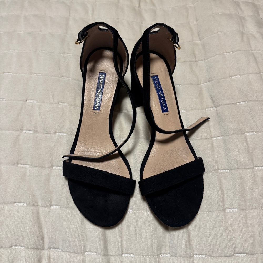 Stuart Weitzman Black Suede Women's Sandals Nudist 35 Block Sandal